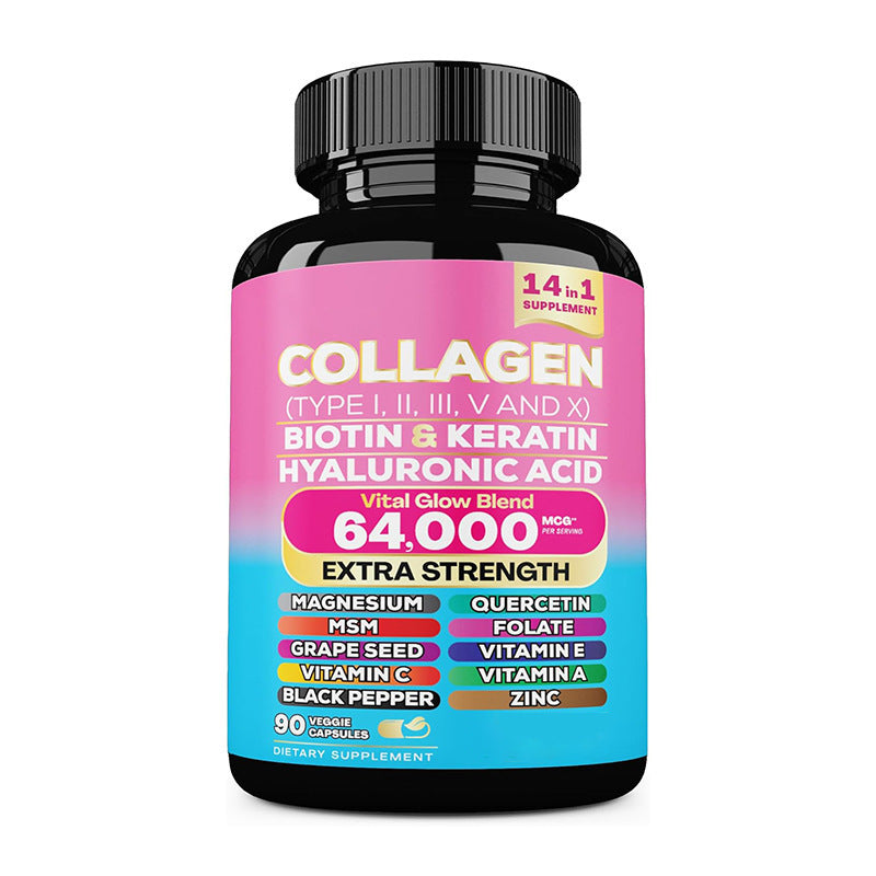 Collagen Supplement 64,000VCG with over 13+ SuperIngredients, Type l, ll,lll, V and X,Extra Strength & High Potency, 90Capsules