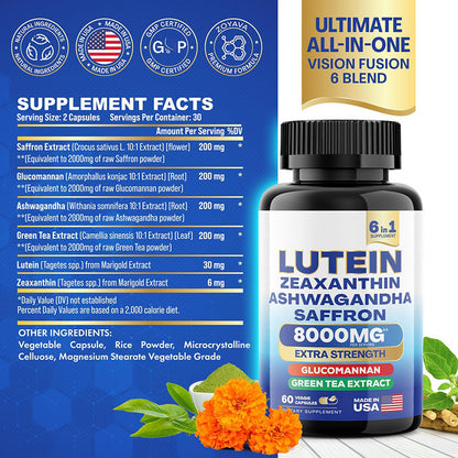 Lutein and Zeaxanthin Supplements 8000 MG Eye Vitamins with Saffron for Eye Health Supplements for Adults, Infused with Glucomannan, Ashwagandha, and Green Tea Extract Vision and Eyes Support