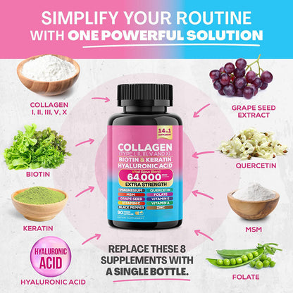 Collagen Supplement 64,000VCG with over 13+ SuperIngredients, Type l, ll,lll, V and X,Extra Strength & High Potency, 90Capsules