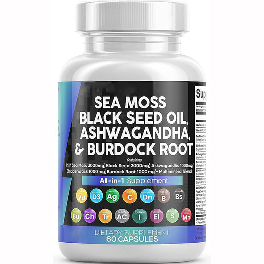 Sea Moss 3000mg Black Seed Oil 2000mg Ashwagandha 1000mg Turmeric 1000mg Bladderwrack 1000mg Burdock 1000mg & Vitamin C & D3 with Elderberry Manuka Dandelion Yellow Dock Iodine Chlorophyll ACV