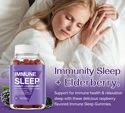 Immune Sleep Gummies with Elderberry - 3 mg Melatonin Supplement, L-theanine, Echinacea, Lemon Balm Support for Restful Sleep & Health Immunity, Vegan Sleep Aid for Adults - Raspberry 60 bears